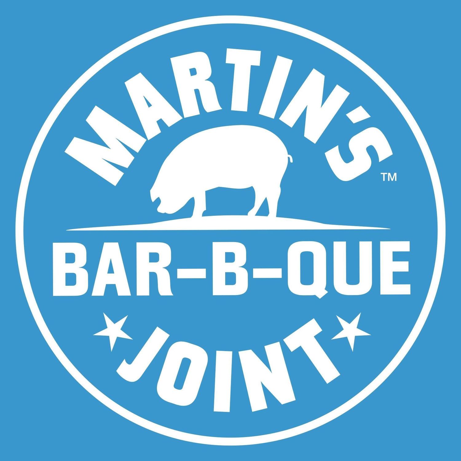 Martin's Bar-B-Que Joint logo featuring a white pig silhouette on a bright blue circular badge design.