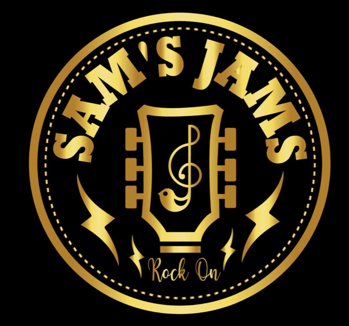 Gold and black circular logo for Sam's Jams featuring a guitar headstock, treble clef, and Rock On tagline.