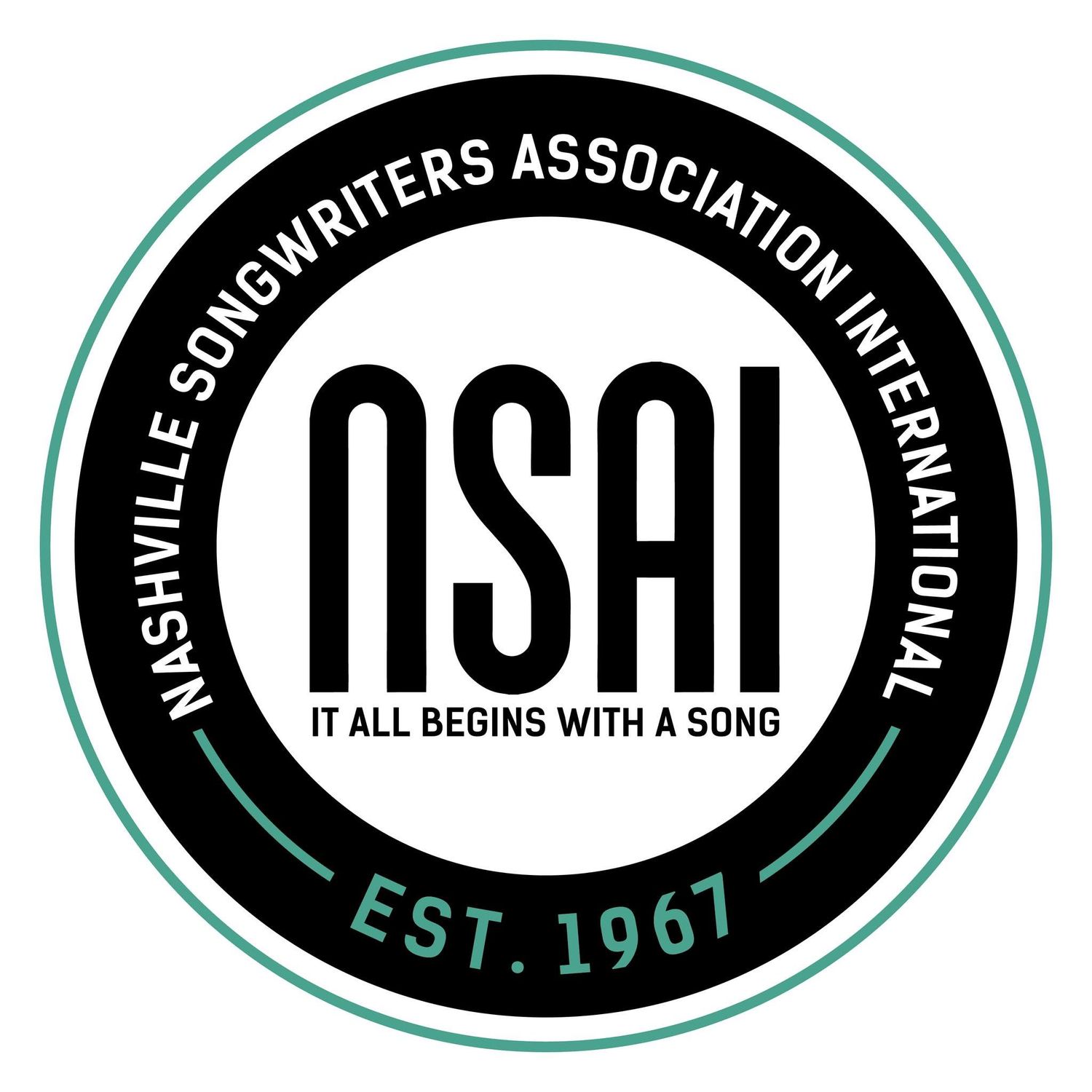 Nashville Songwriters Association International NSAI circular logo, established 1967, with tagline It All Begins With A Song.