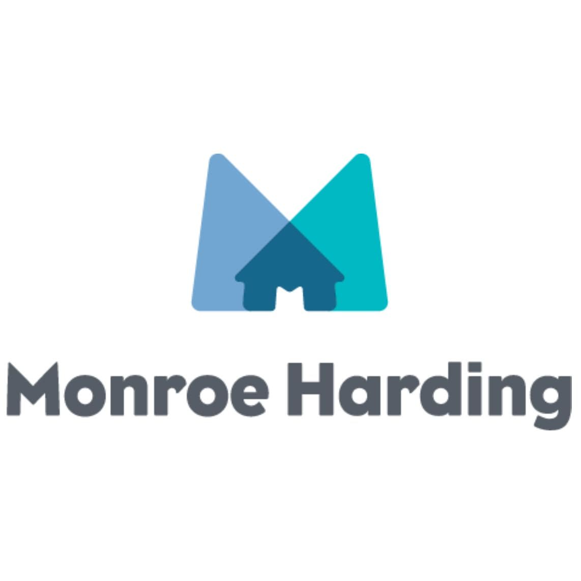 Monroe Harding logo featuring a blue and teal letter M with a house icon and bold gray text below.