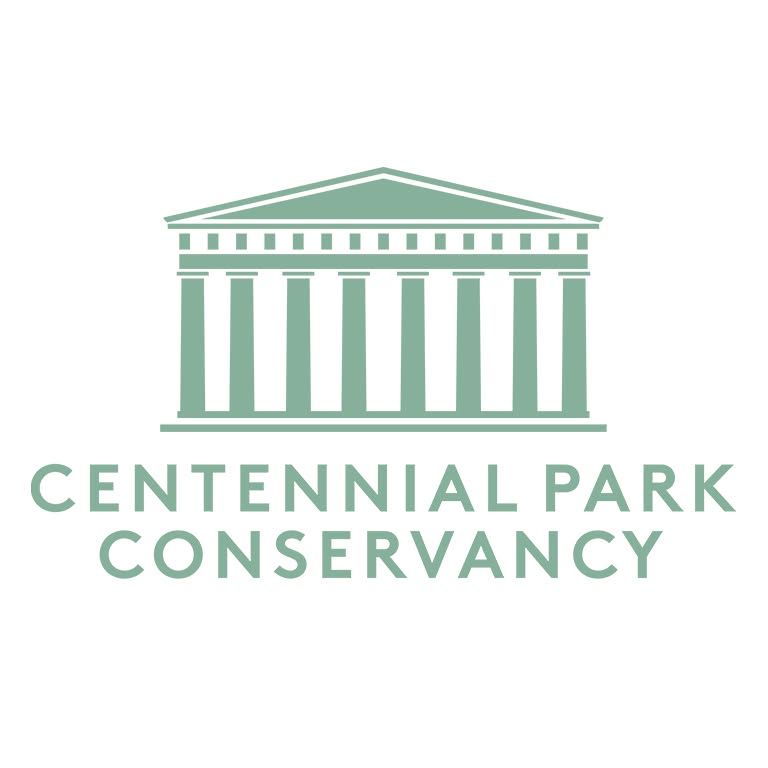 Centennial Park Conservancy logo featuring a green Greek Revival building with columns on white background.