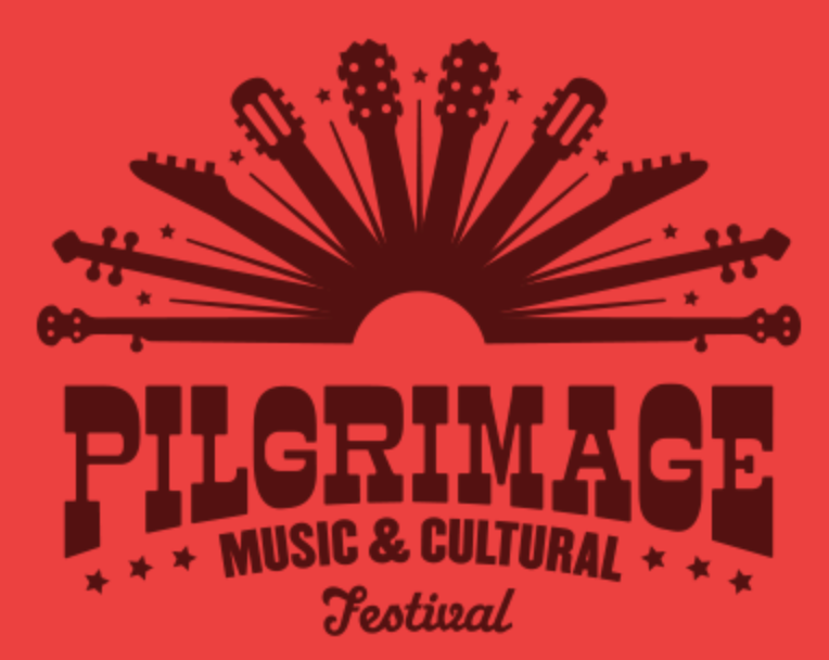 Pilgrimage Music & Cultural Festival logo with guitars radiating on red background.