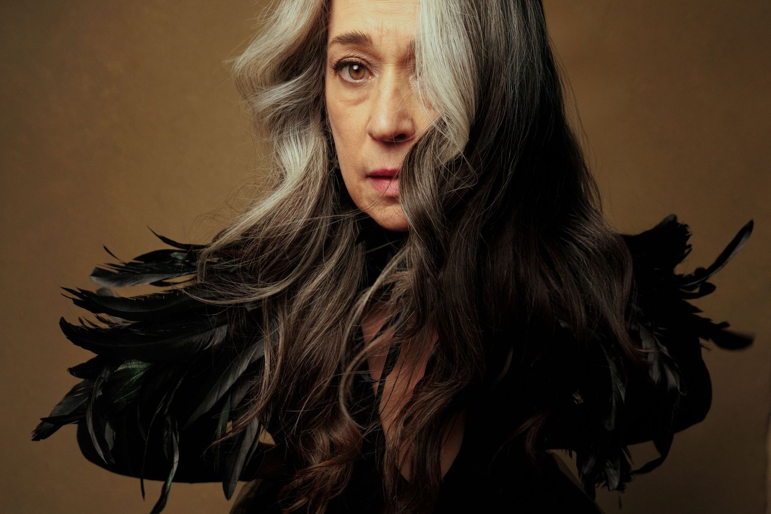 A woman's portrait showing long dark & gray hair being tossed dramatically against a brown background.