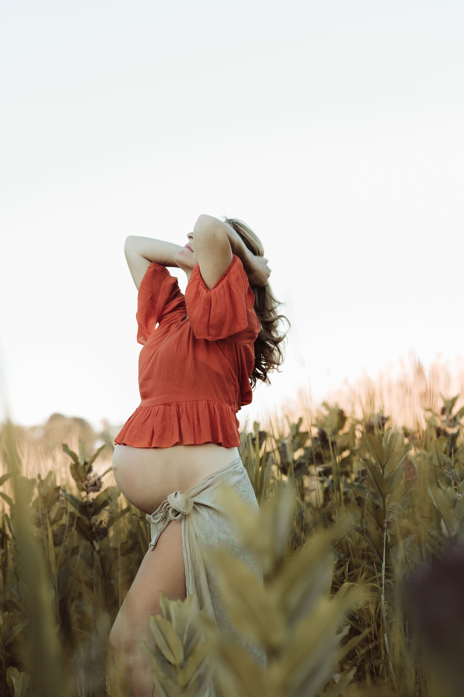 A pregnant woman in a rust-colored dress stands in a field of tall green plants at sunset creating a dreamy silhouette.