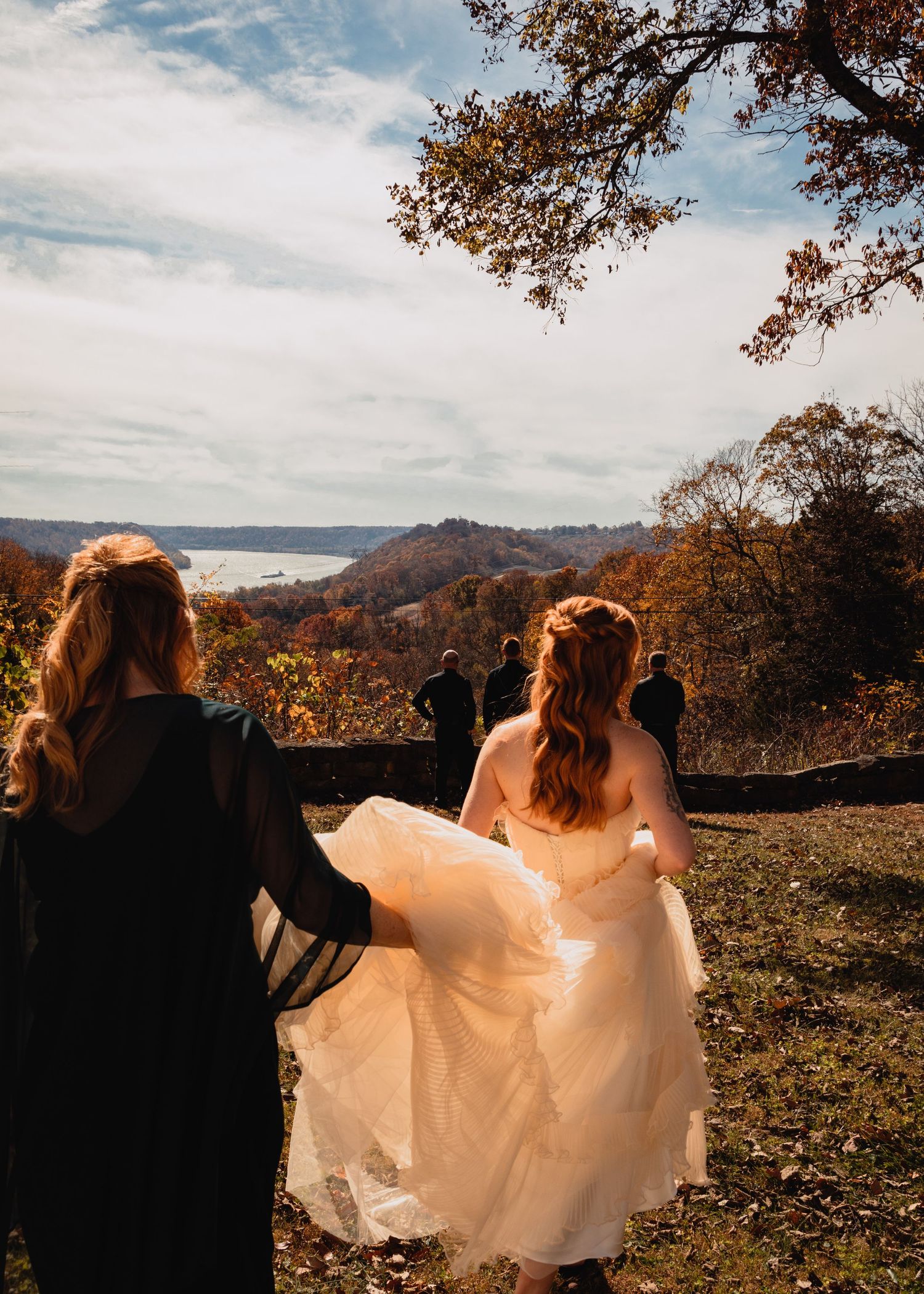 Scenic mountaintop photo series with flowing white dress against autumn landscape.