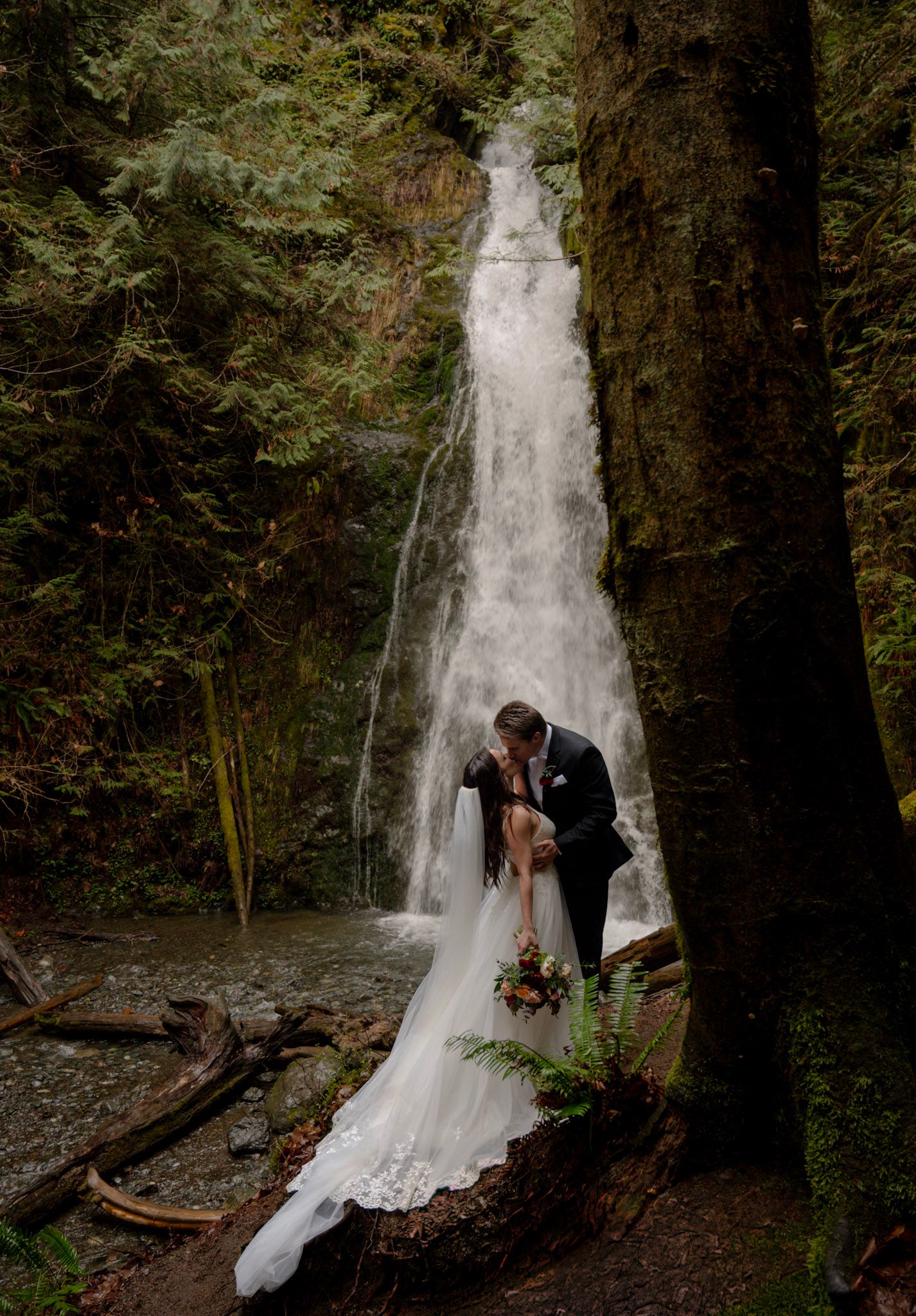 A couple shares a kiss in front of a stunning waterfall in a dense Pacific Northwest forest.