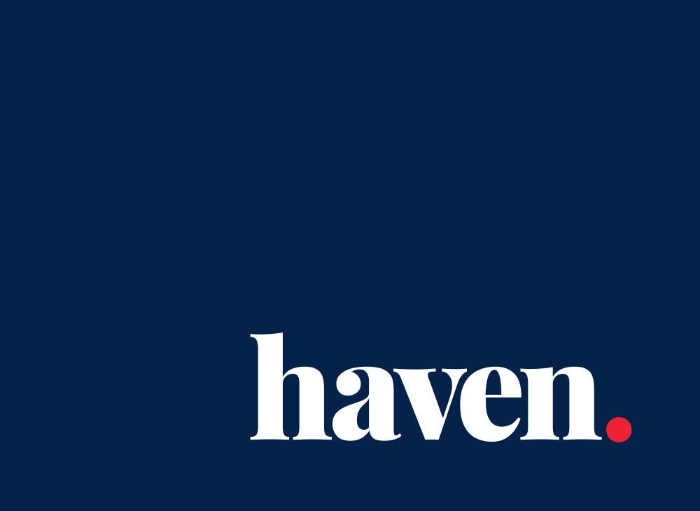 Haven real estate brand logo in white typography on navy blue background.