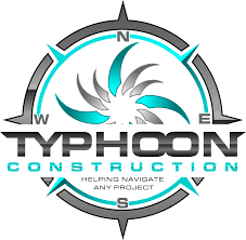 Typhoon Construction compass-style logo with turquoise spiral design and directional markers.