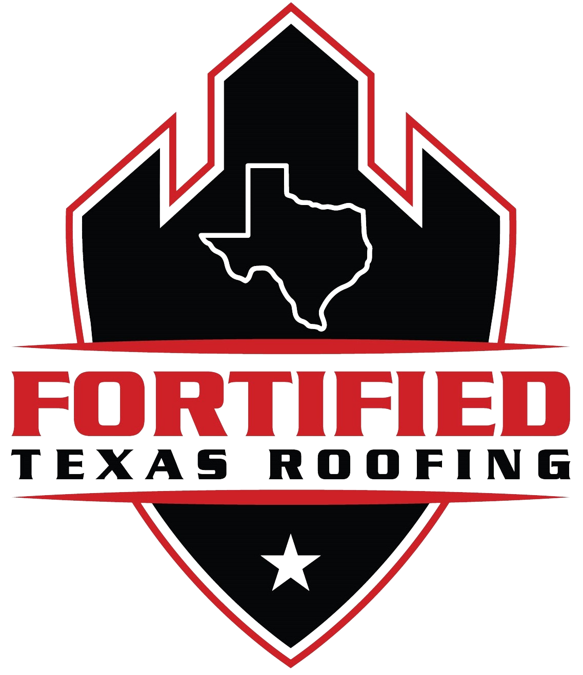 Fortified Texas Roofing logo with red house outline and Texas state shape in shield emblem.