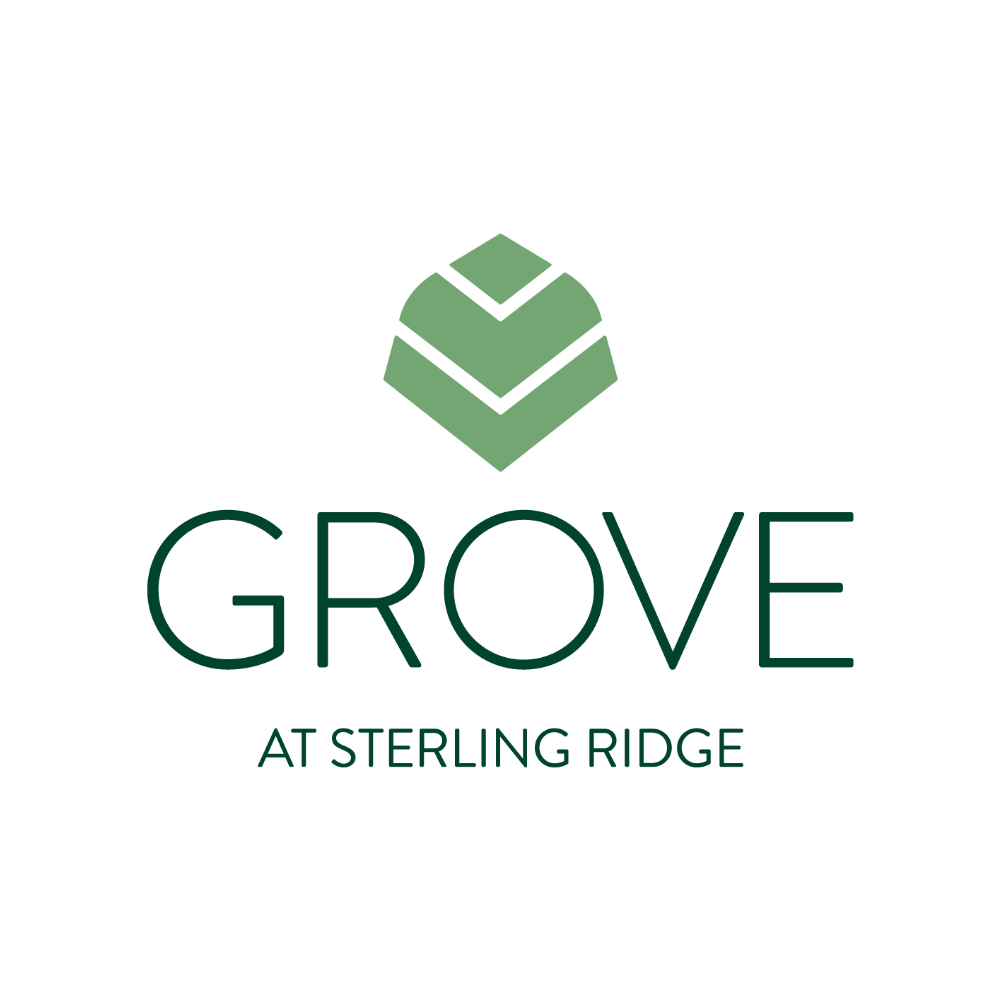 Grove at Sterling Ridge logo featuring green chevron icon and modern typography.