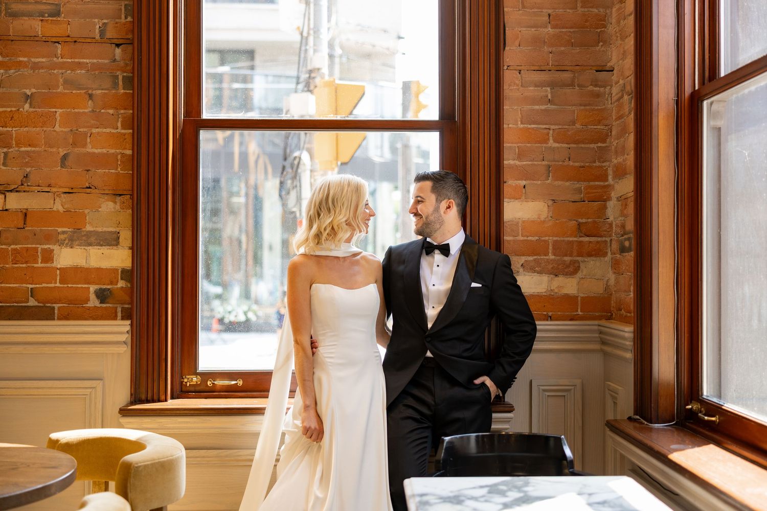Bride and groom portrait photographed at The Gladstone Hotel in Toronto, Ontario.