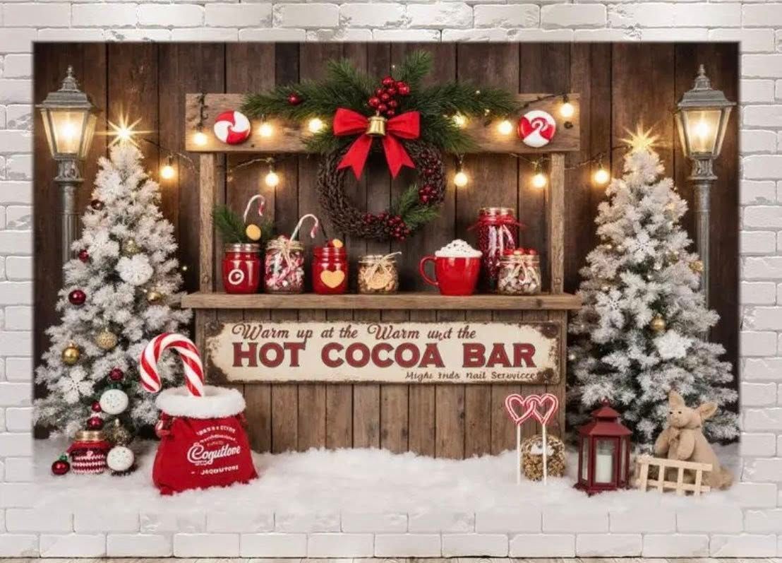 Festive Christmas hot cocoa bar display with flocked trees, lanterns, and red decorations against rustic wood paneling.