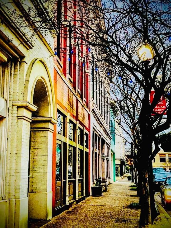 Historic brick buildings with arched windows and columns line a tree-lined sidewalk in a quaint downtown district. Hattiesburg