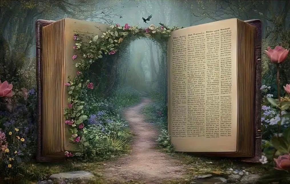 A mystical collage featuring open books with fantasy garden paths, flowers, and butterflies in a dreamy forest setting.