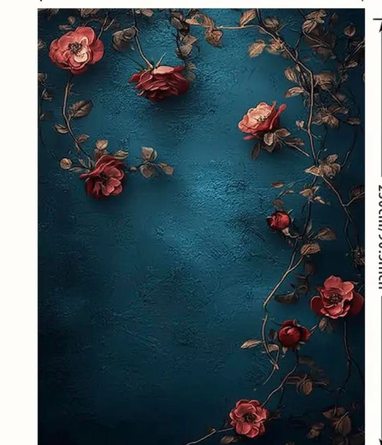 Vintage pink roses with delicate vines trailing against a moody dark teal textured background.