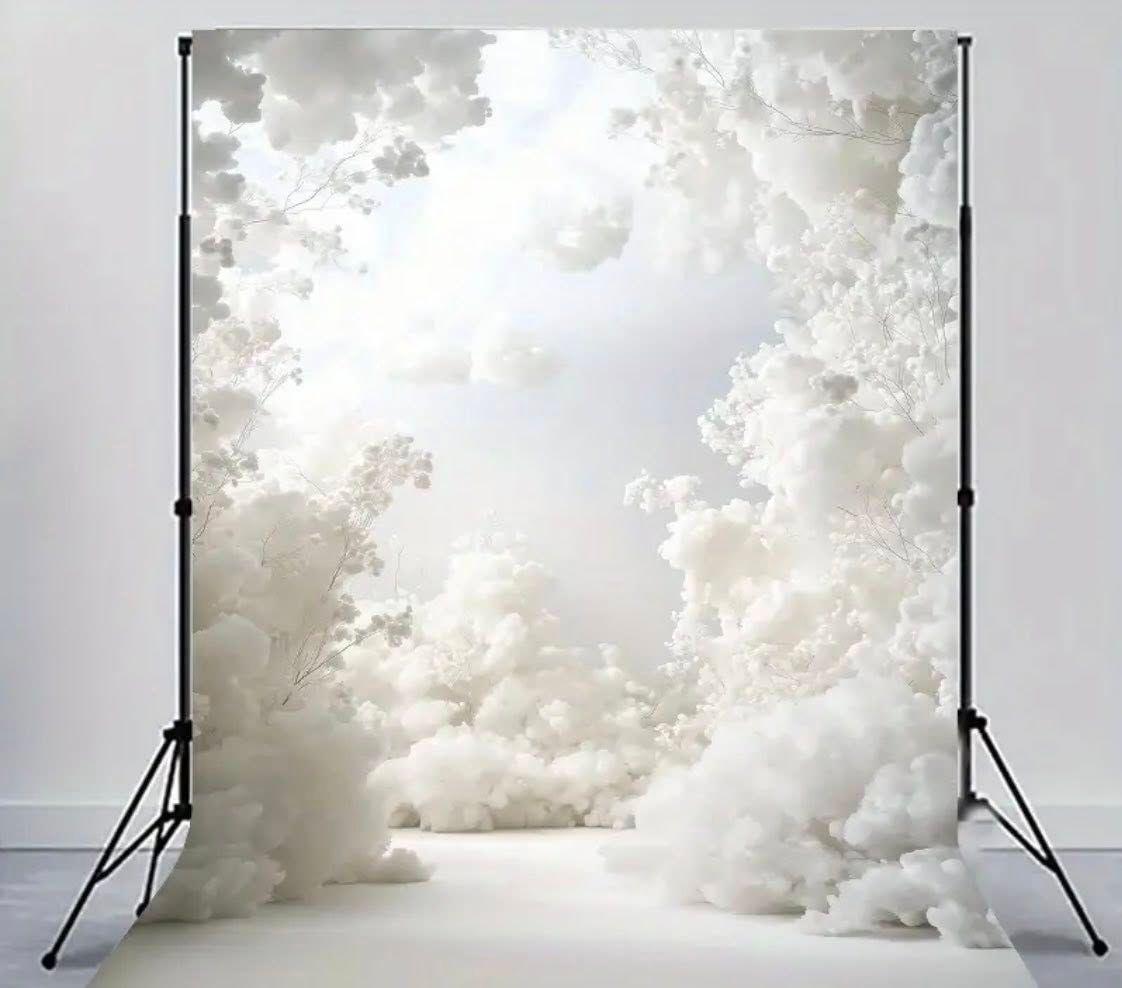 Professional photography backdrop showing white clouds and sky pattern against a studio stand setup.