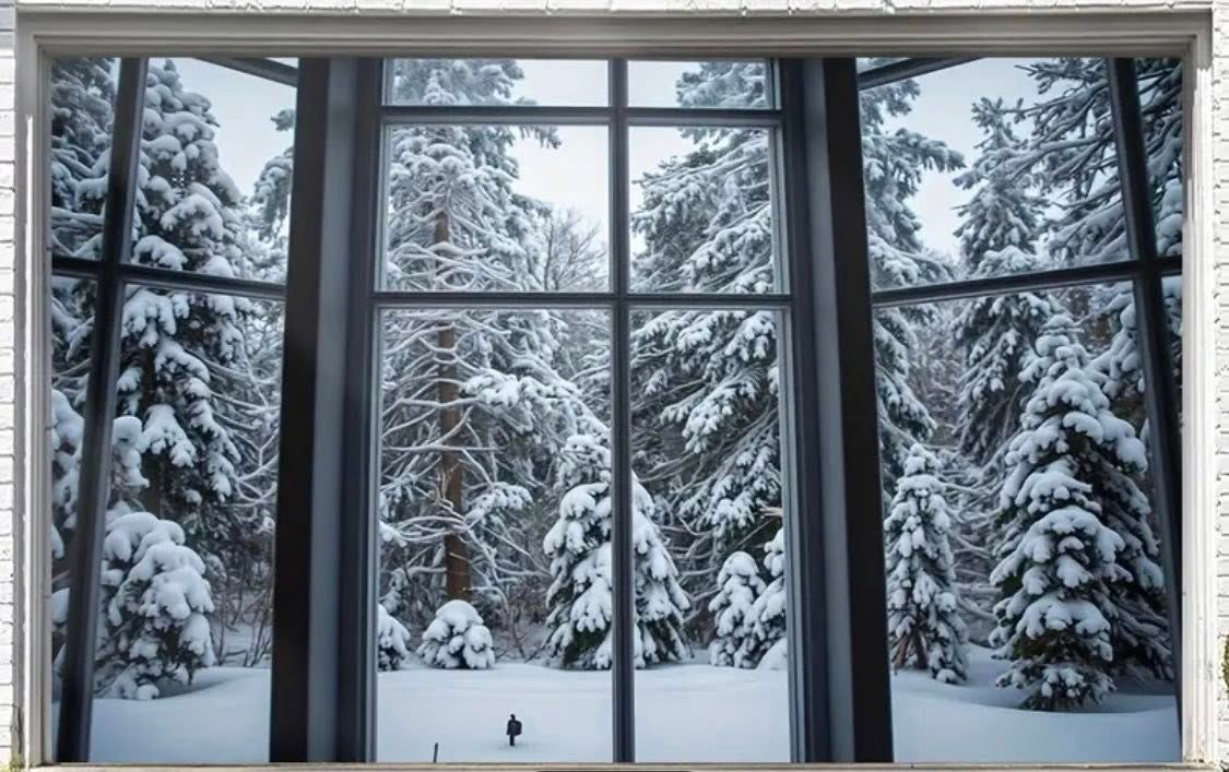 A panoramic window view of a snowy winter forest landscape with snow-covered evergreen trees in daylight.