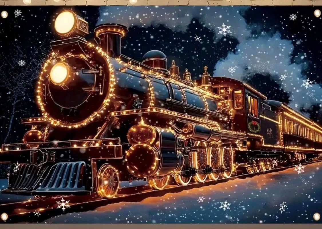 Vintage steam locomotive decorated with warm glowing lights travels through snowy winter landscape at night.