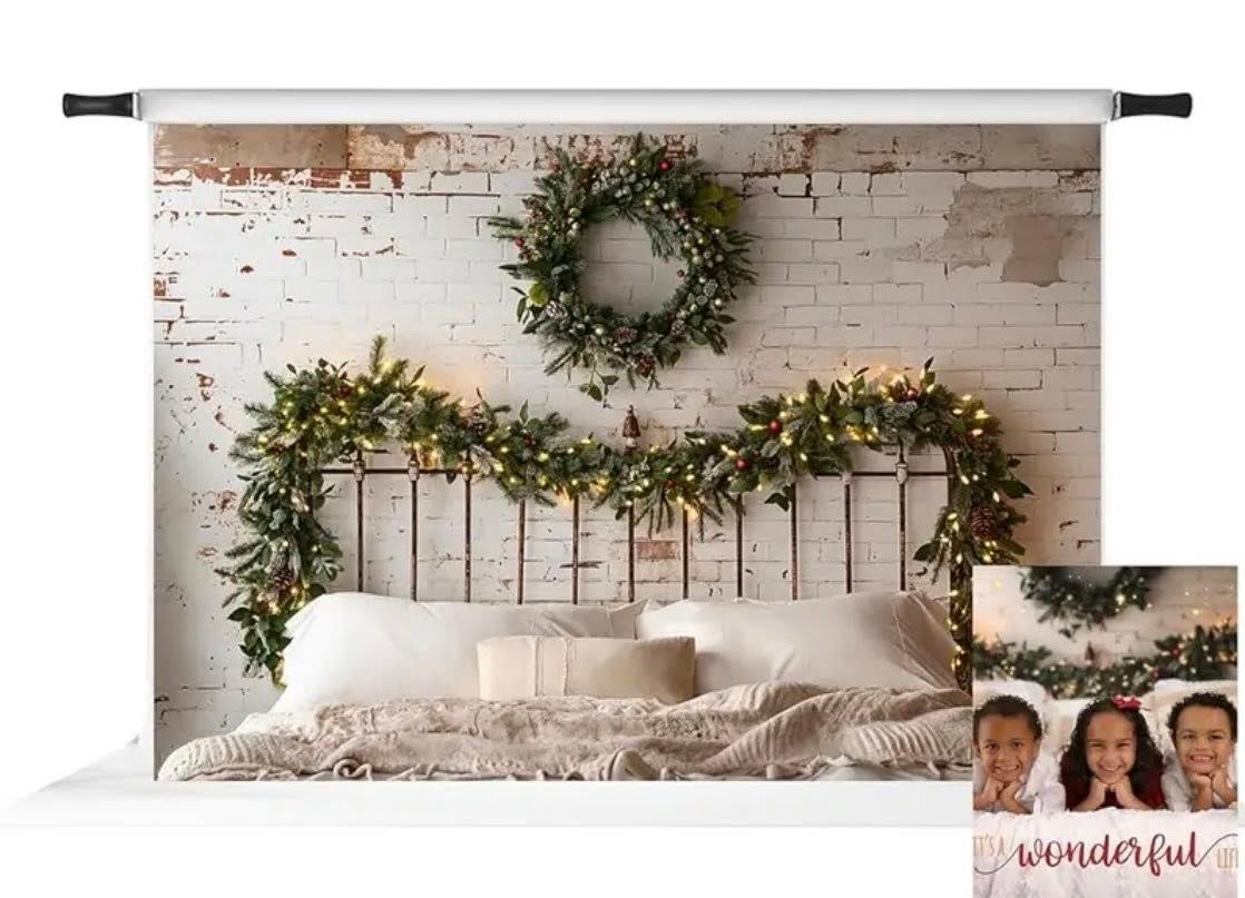 Collage of modern farmhouse Christmas decorations featuring wreaths and white brick walls with festive holiday styling.
