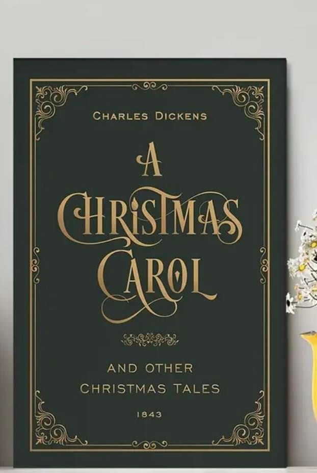 Vintage book cover designs for Charles Dickens' A Christmas Carol featuring elegant gold lettering on dark green backgrounds.