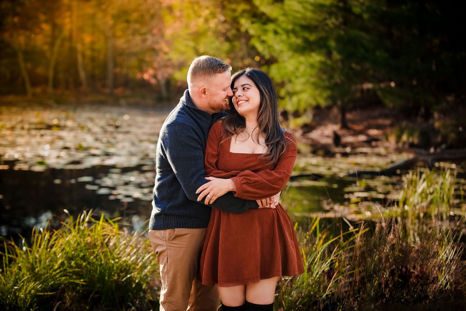 Romantic outdoor photo session by a pond with natural greenery. Rhode Island Engagement, Taken by rhode island wedding photographer
