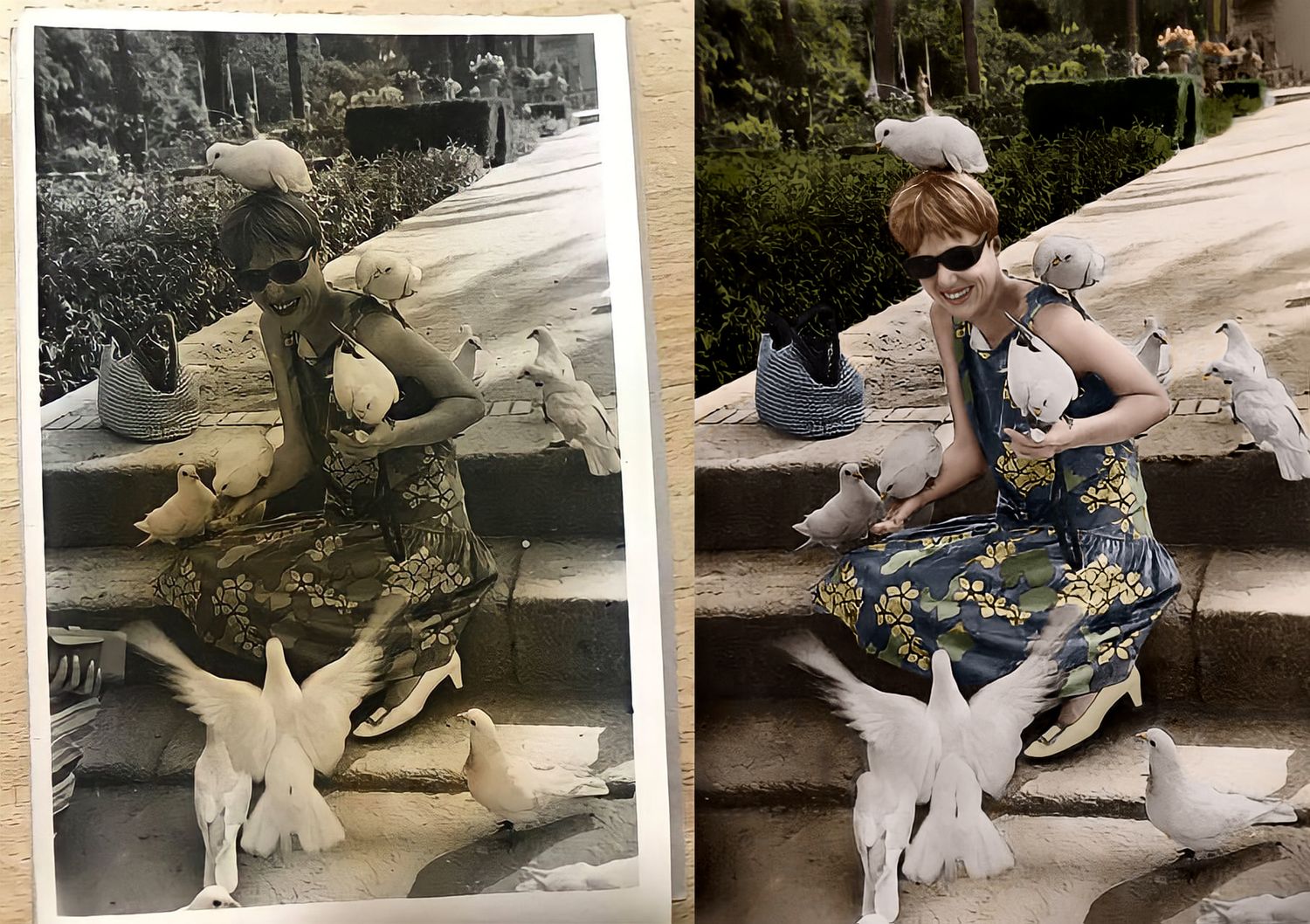 Vintage photograph restoration showing someone in a floral dress feeding birds, original and colorized. Photo Restoration
