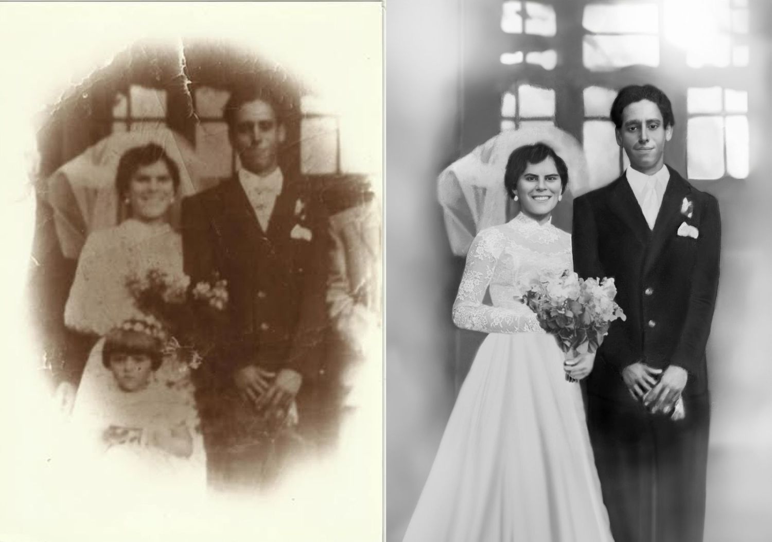 Collection of vintage wedding portraits arranged in a nostalgic sepia-toned collage. Photo Restoration