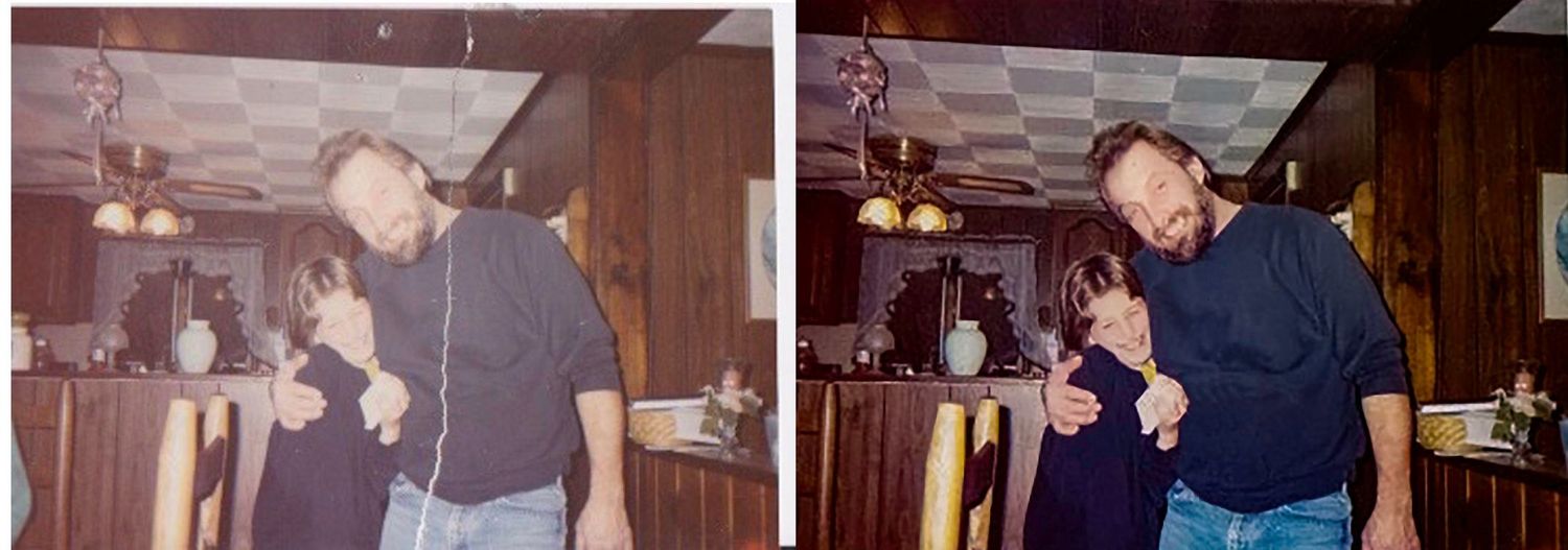 Side-by-side photo restoration comparing faded vintage indoor party scene with enhanced color version. Photo Restoration