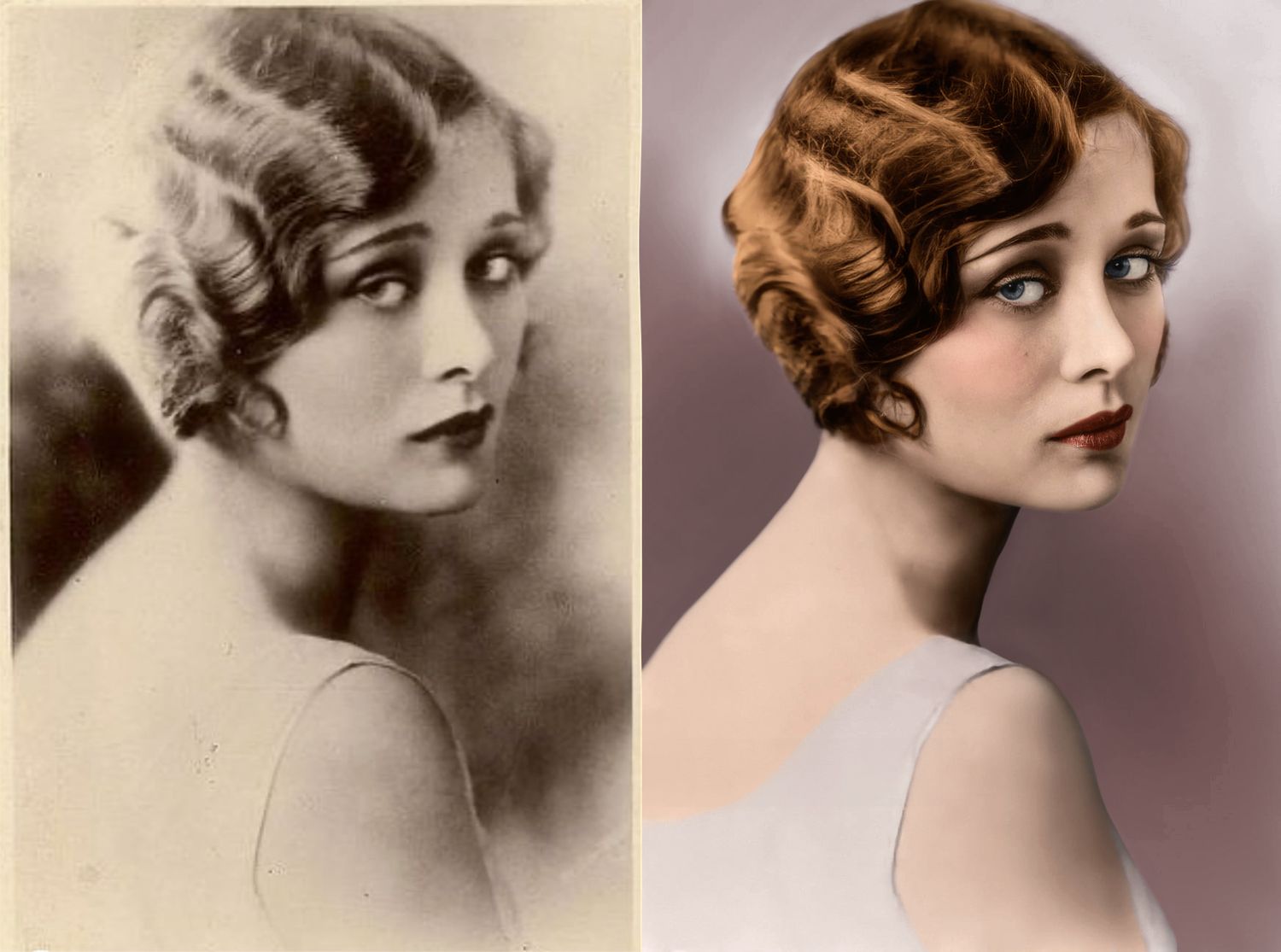 Side-by-side comparison of an original 1920s glamour portrait and its colorized restoration. Photo Restoration