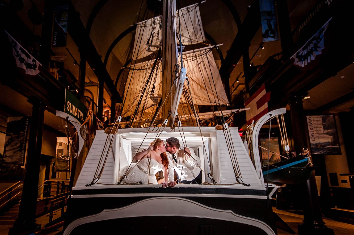 Dramatic image from the New Bedford Whaling Museum MA wedding photographed by a Rhode Island wedding photographer