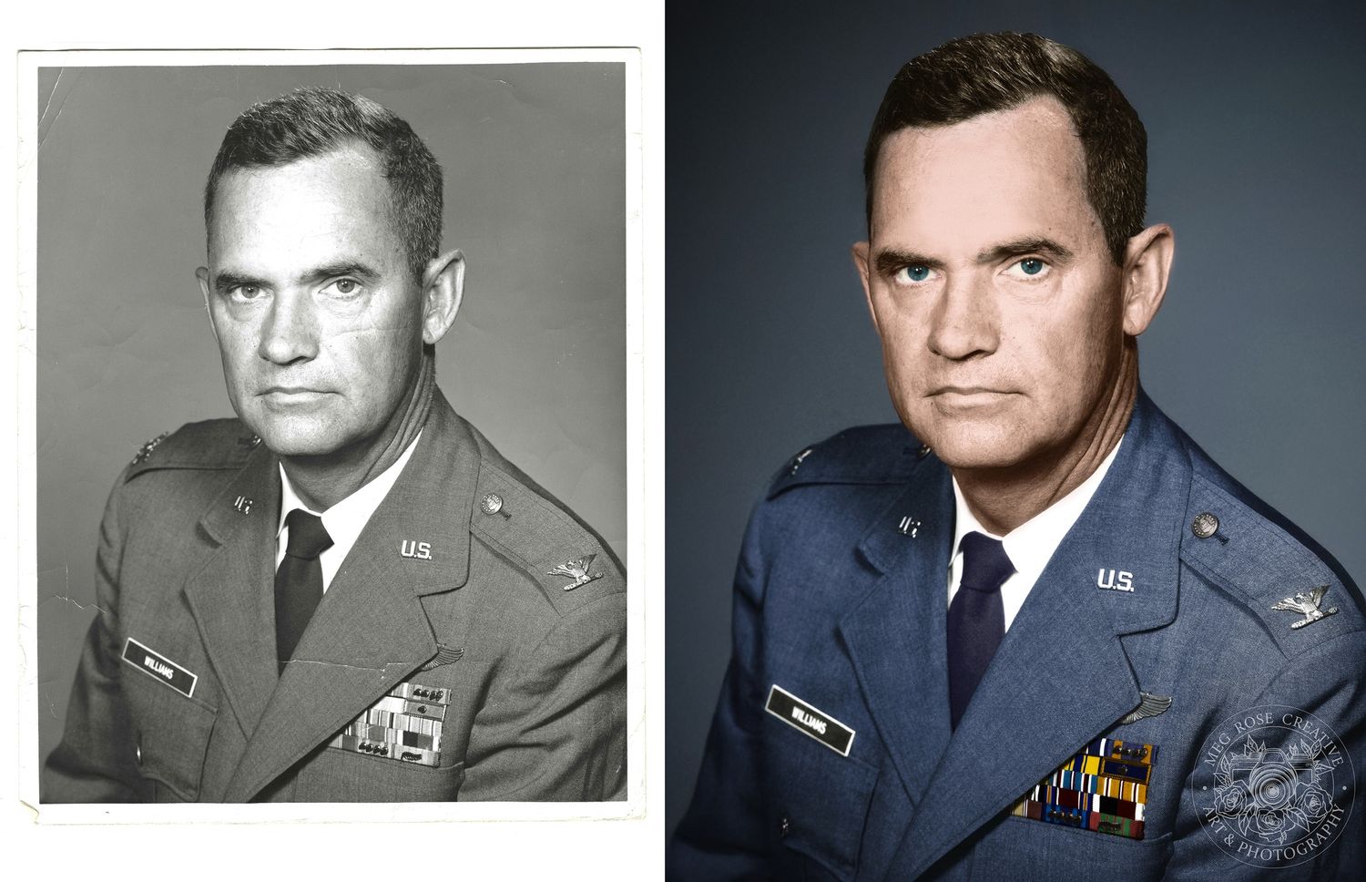 Military portrait restoration showing comparison between original black and white and colorized version. Photo Restoration