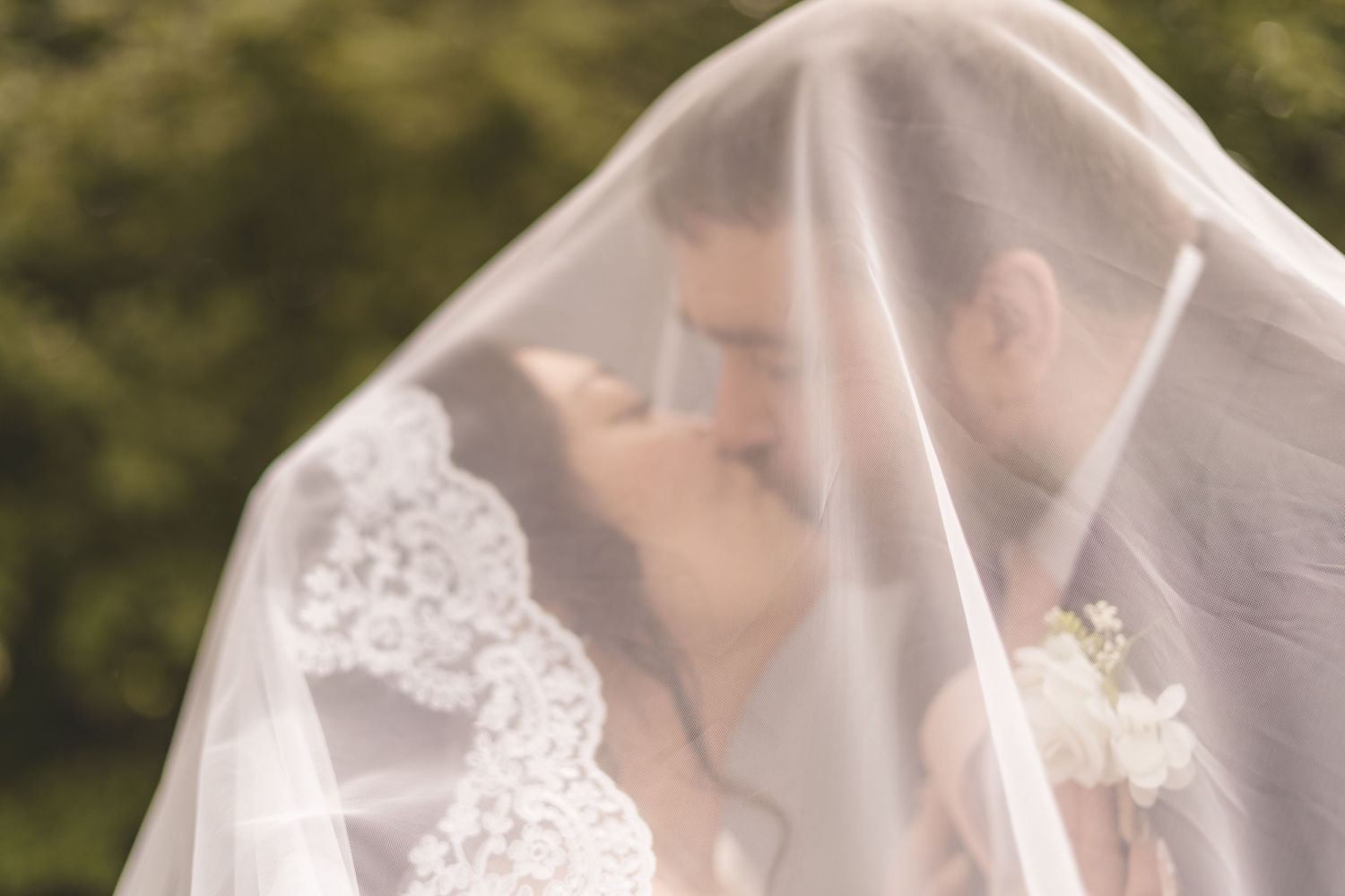 Bride and groom sharing a romantic kiss under a lace wedding veil with greenery in the background.