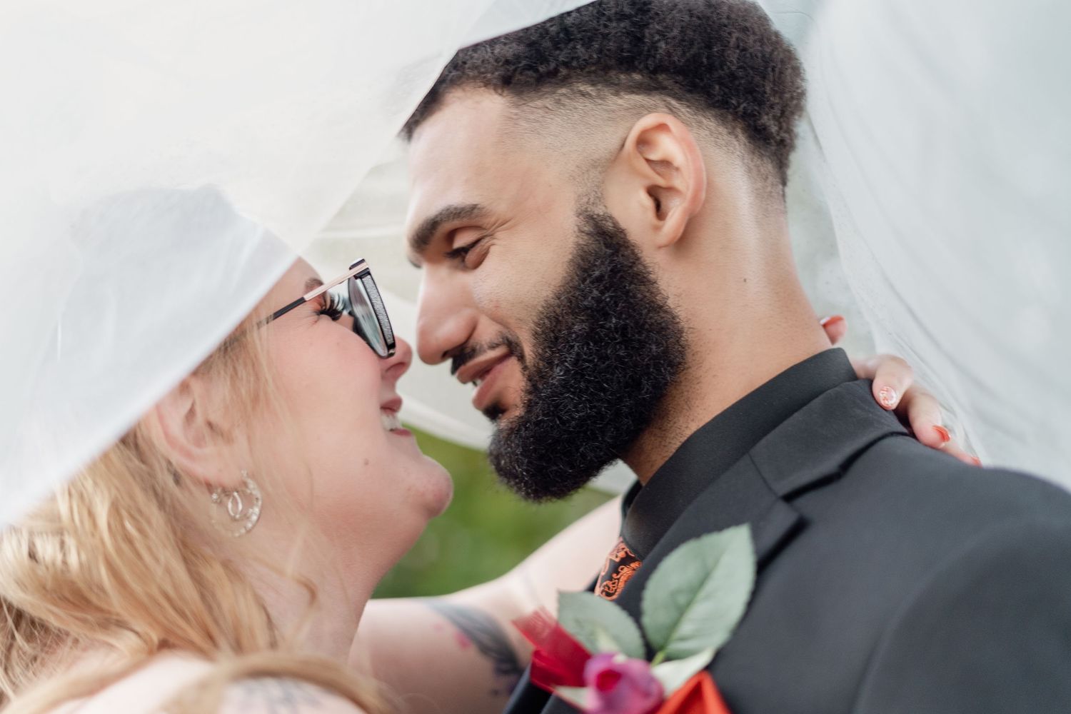 A romantic outdoor photo sequence showing tender moments between a couple at sunset.