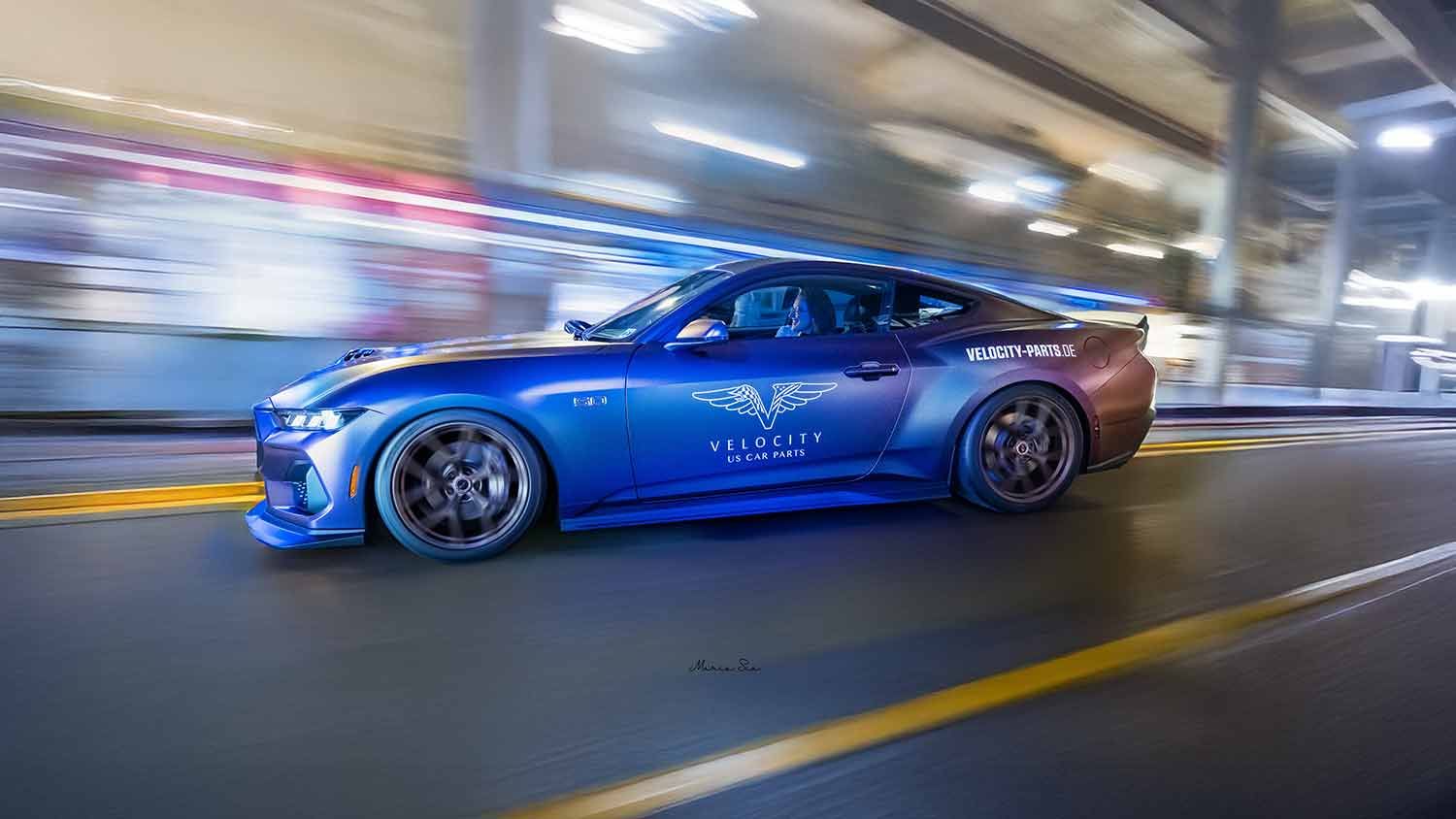 Dynamische automotive brandingfoto van een blauwe Ford Mustang in beweging, gecreëerd voor commerciële storytelling en merkvisuals.