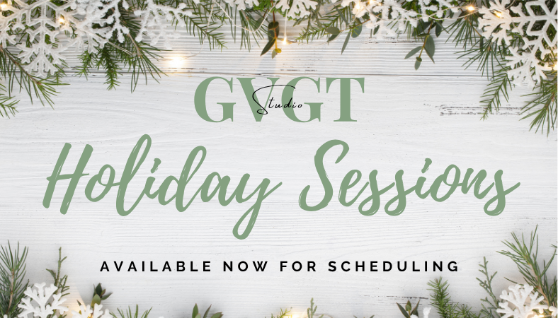 GVGT Holiday Sessions promotional image with festive pine branches and snowflakes on rustic white wood background.
