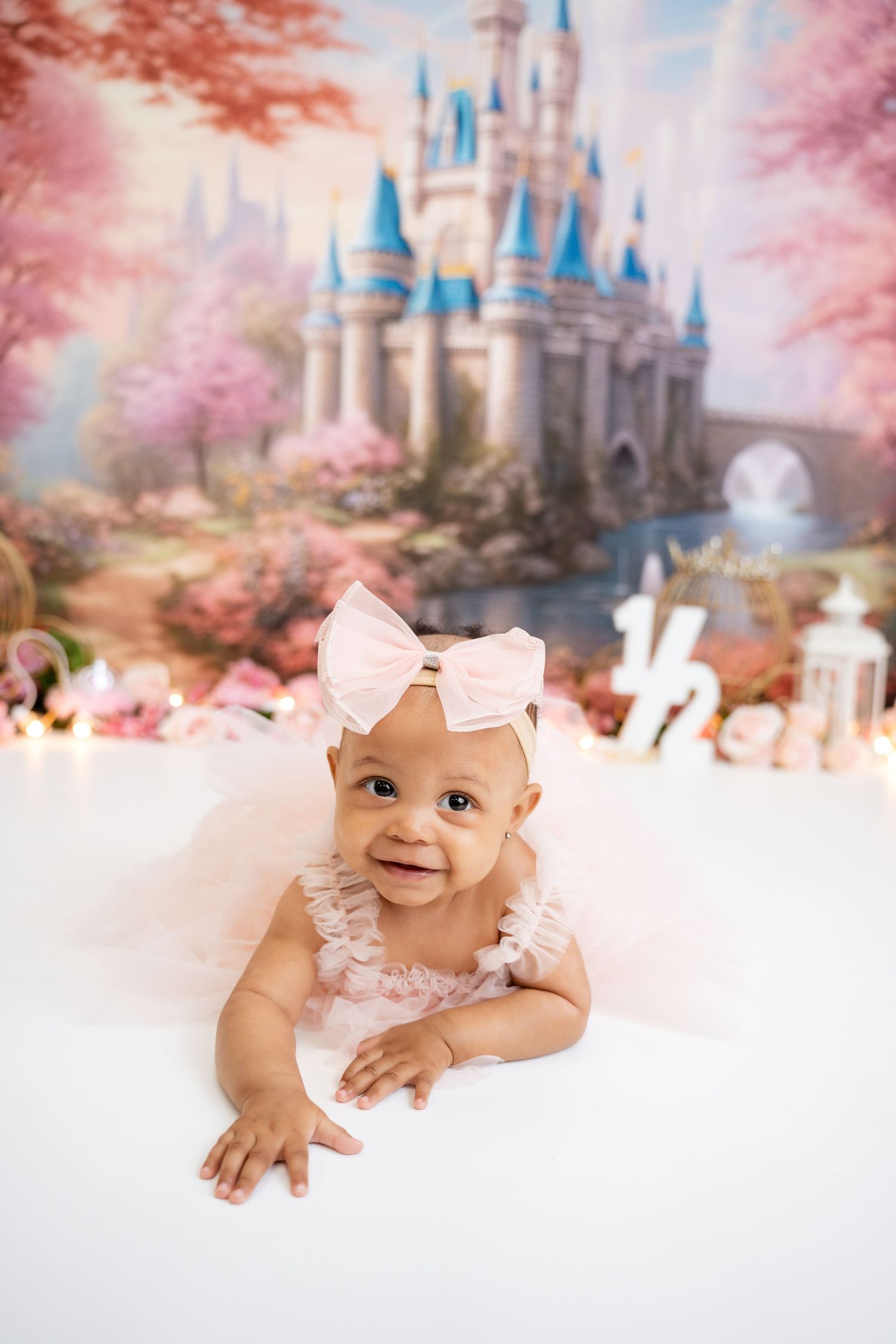 Metro Detroit children photographer photographing a Baby photoshoot with fairytale castle