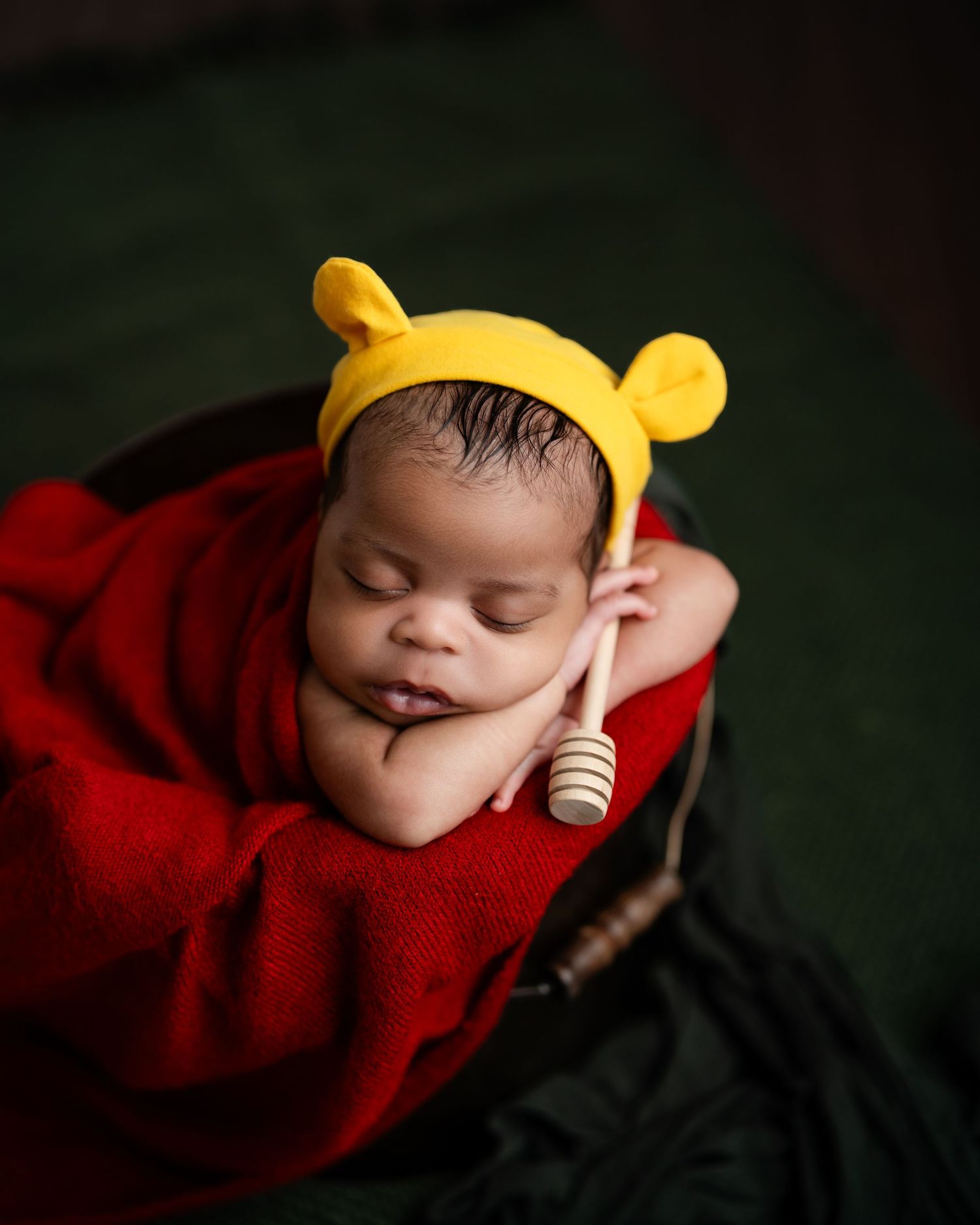 Sleeping newborn baby wearing yellow bear hat with ears, wrapped in red blanket, holding honey dipper in a dark bucket.