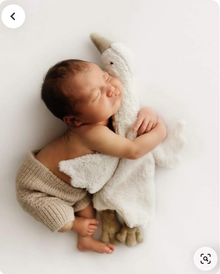 Newborn baby sleeping peacefully on soft white blanket while holding small plush toy.