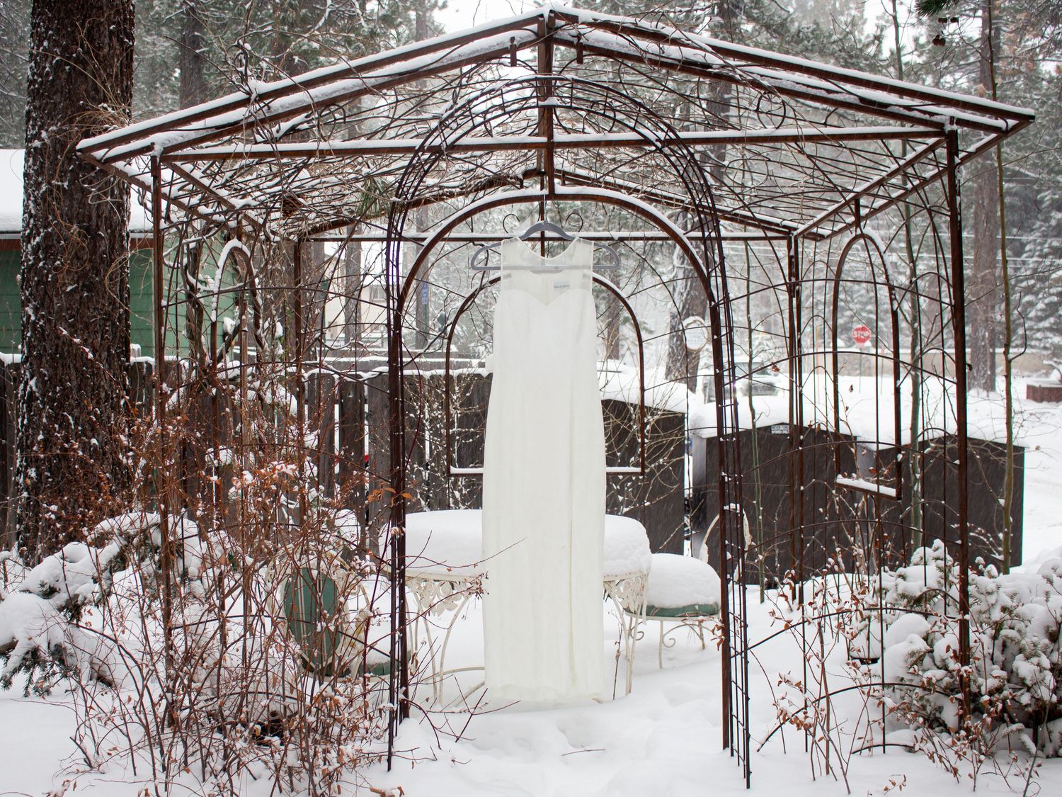 Snow covered gazebo and garden structures in a winter forest setting.