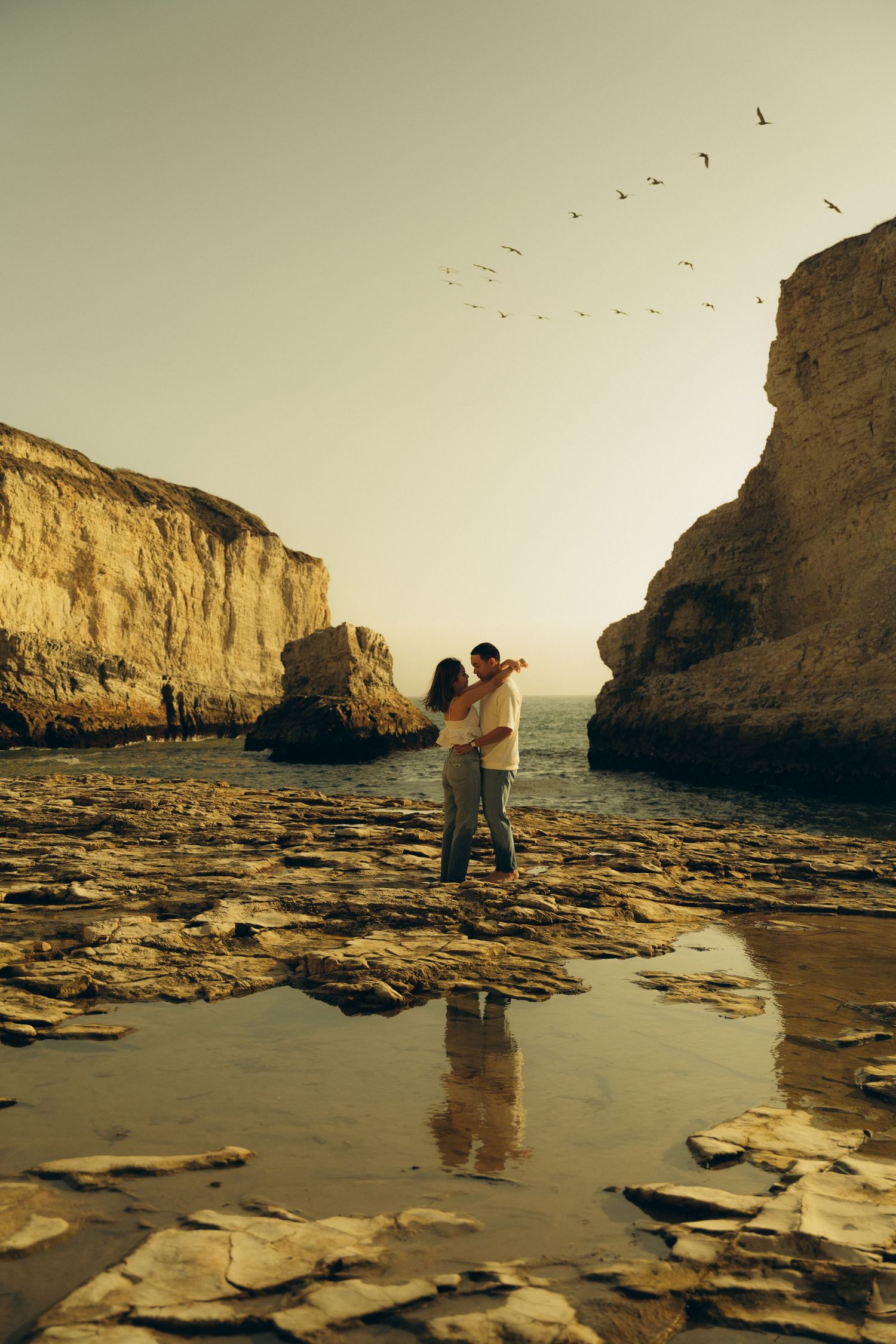 Couple embracing on rocky coastal shore with golden cliffs, ocean backdrop, and birds flying in warm sunset sky.