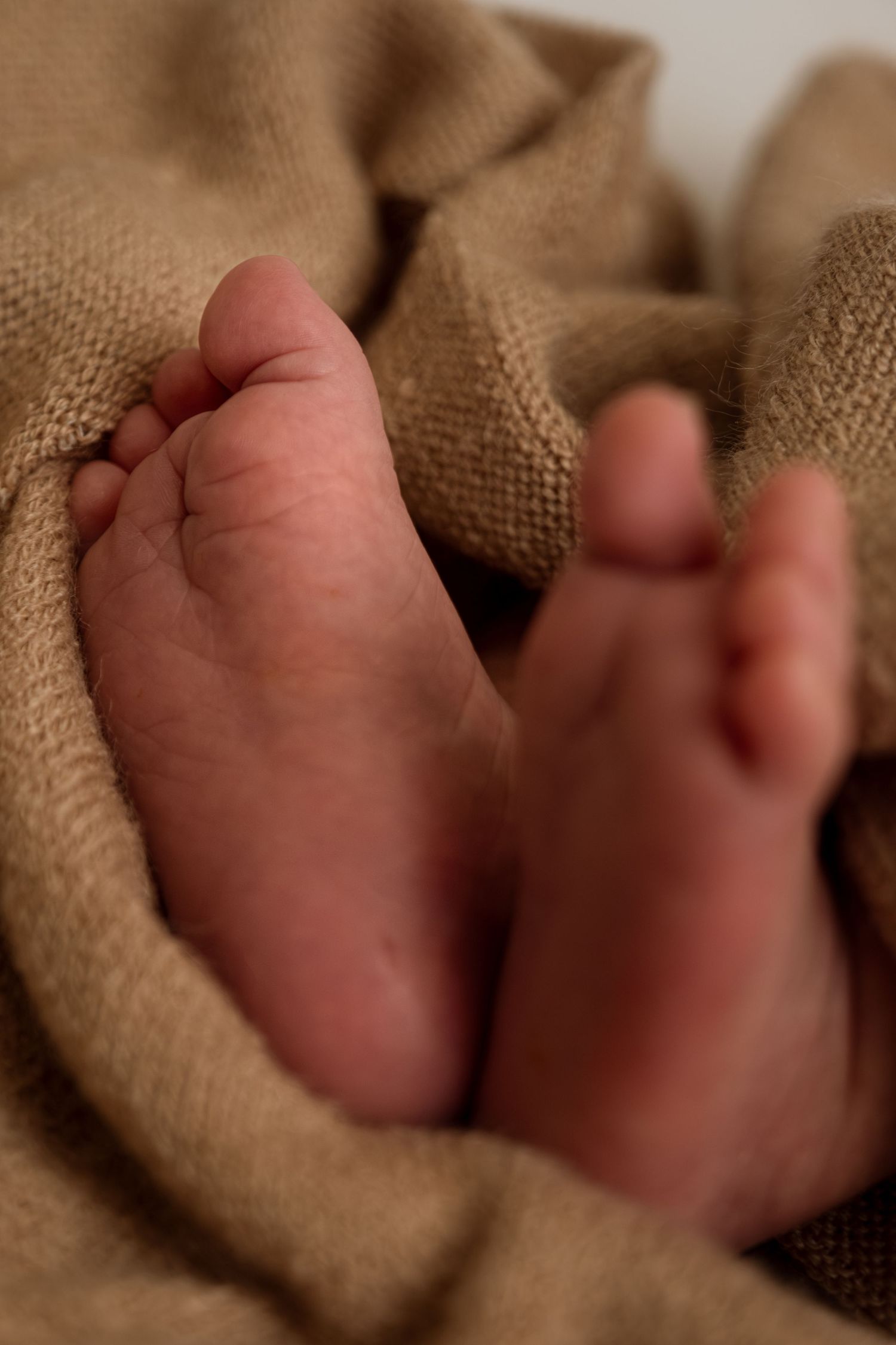 Close-up series of tiny baby feet wrapped in soft brown burlap fabric.