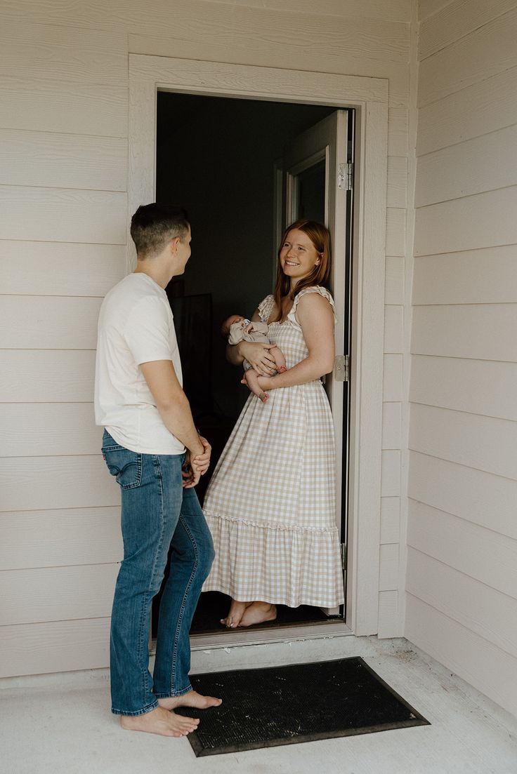 A series of four photos showing a couple standing in a doorway of a white house, appearing to be dancing or embracing.