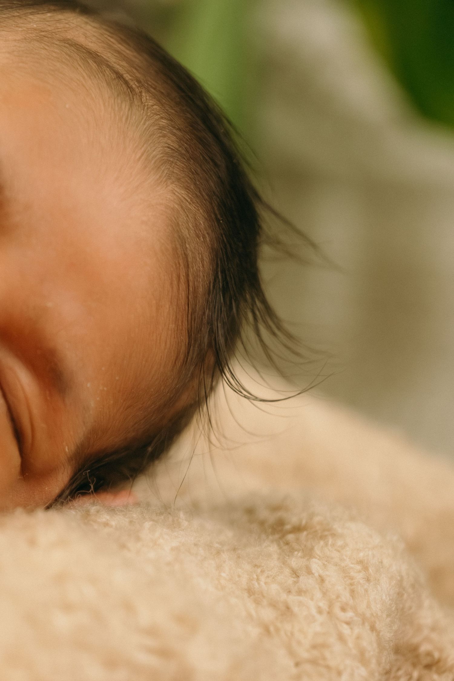 Close-up profile of sleeping baby against soft textured background.