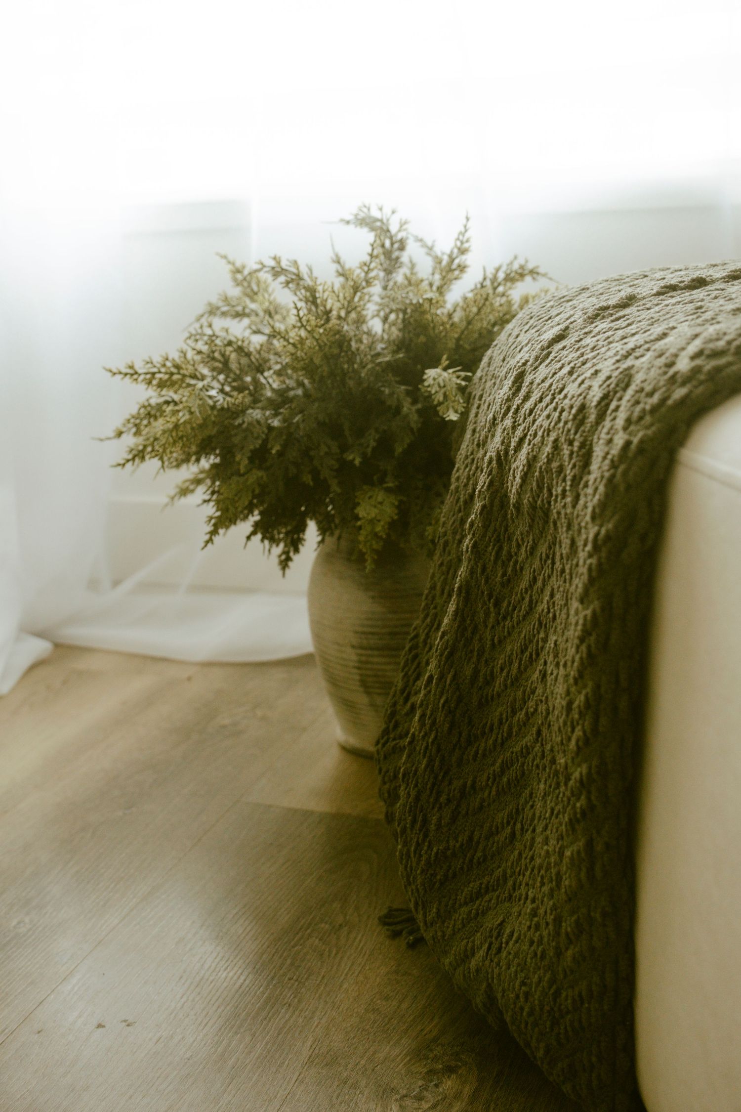 Cozy knit blanket draped over white furniture with evergreen decor in soft focus.