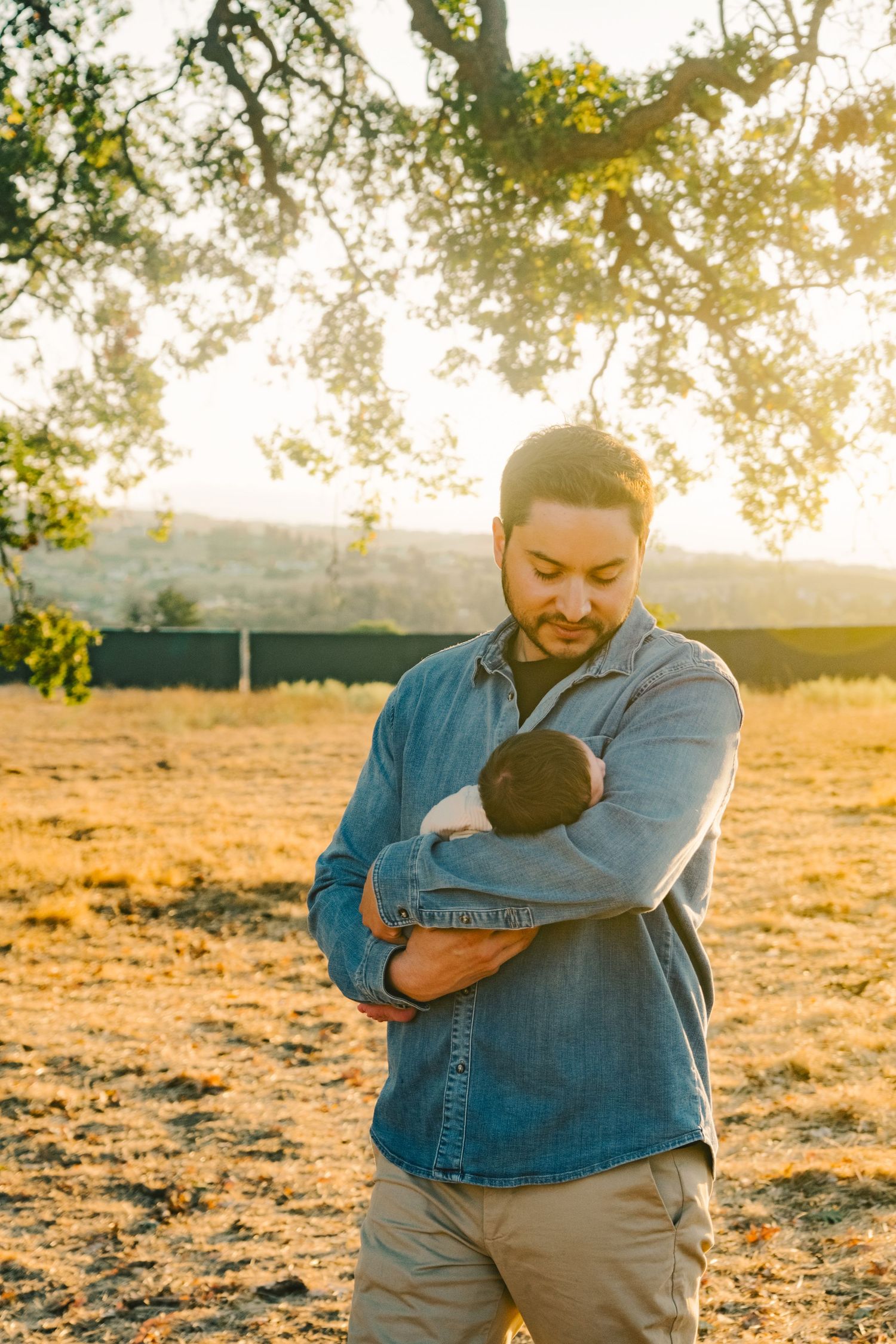 Tender outdoor family moment captured in golden sunlight beneath a tree.