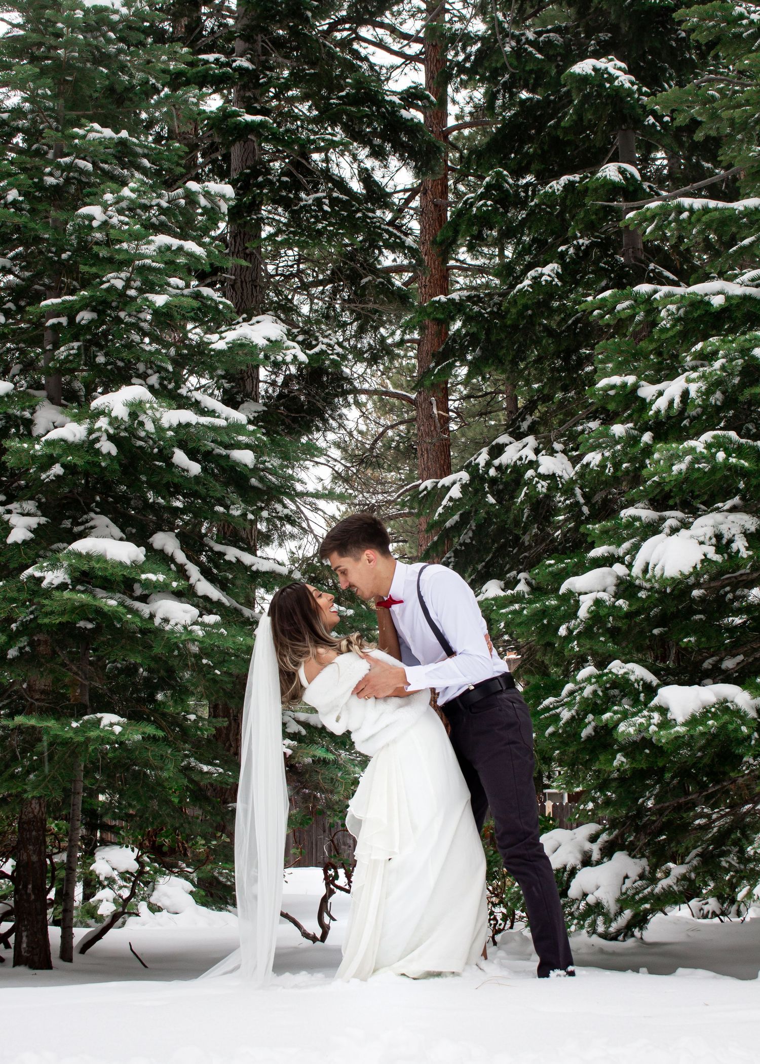 A romantic winter wedding photo with snow-covered evergreens in the background.