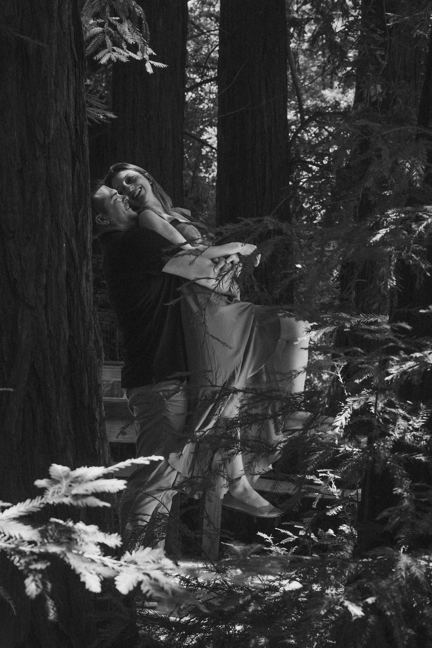 A couple embraces in dramatic black and white photography among majestic redwood trees.