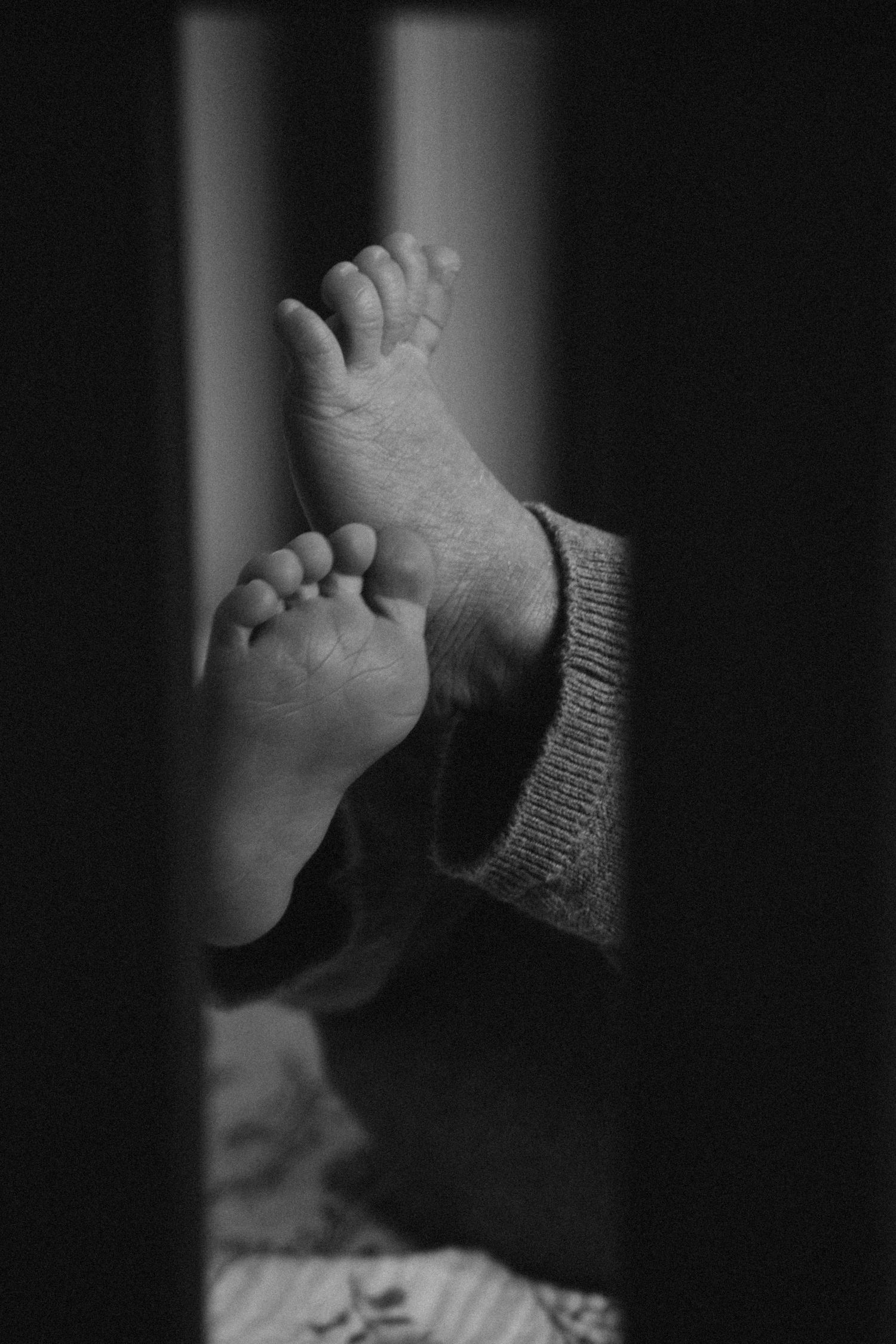 Black and white close-up photograph of tiny baby feet wearing a knit sweater sleeve in moody lighting.