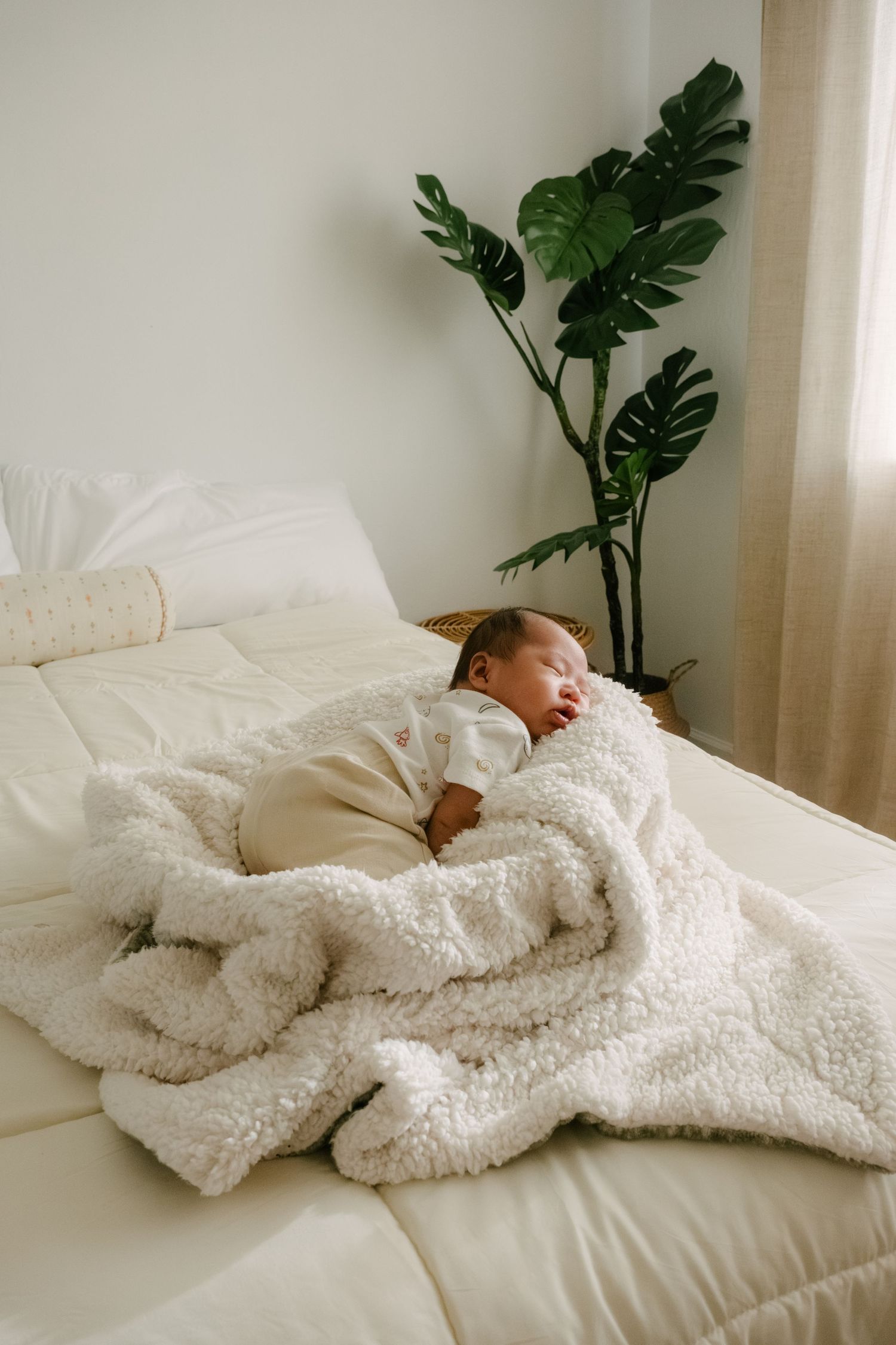 Sleeping baby wrapped in fluffy white blanket with monstera plant in background.