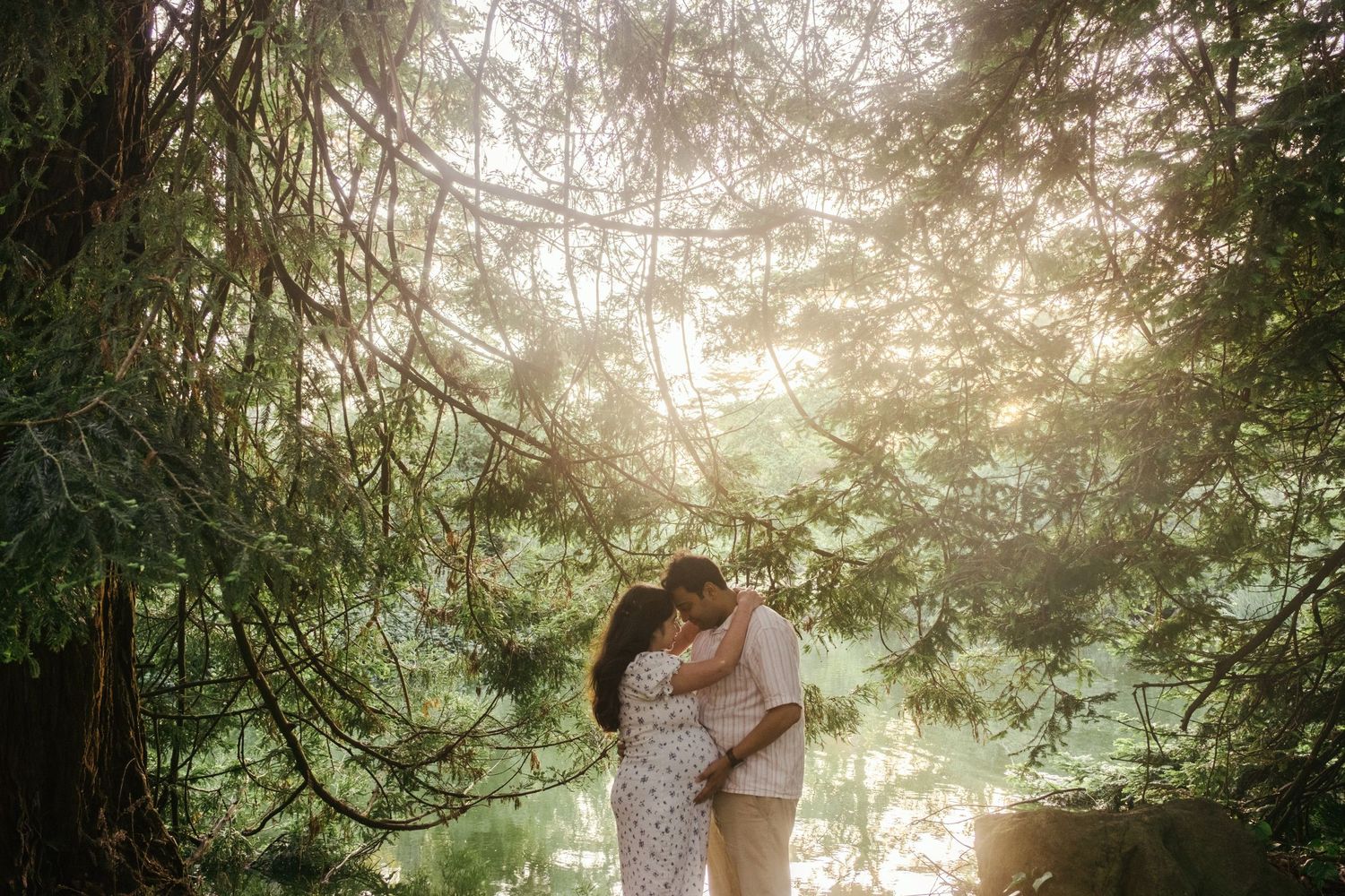 Romantic silhouettes embracing against sunset through trees near water.